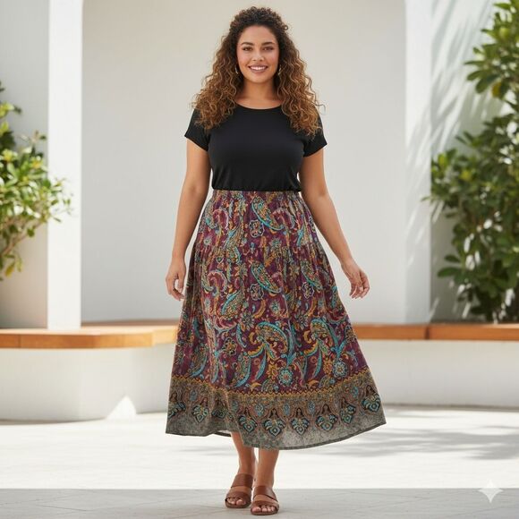 Venezia Paisley Purple Blue Midi Pull On Skirt - Picture 1 of 8